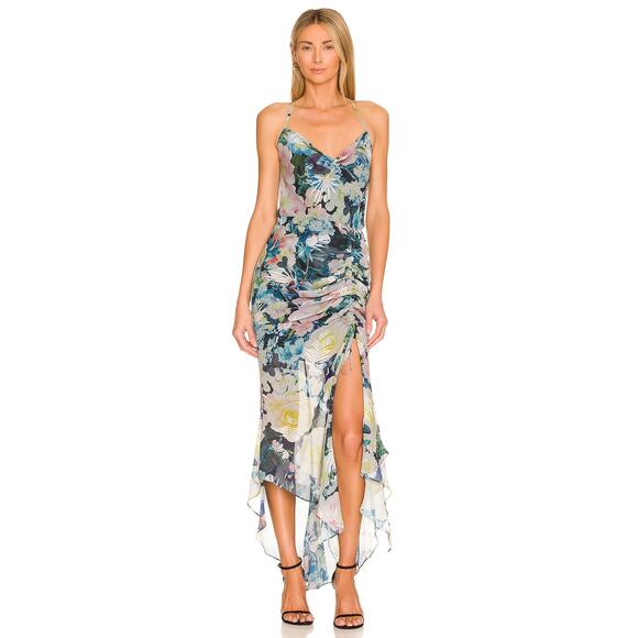 SAU LEE Frieda Floral Print Dress Ruched Side Crisscross Back Blue Multi Size 6